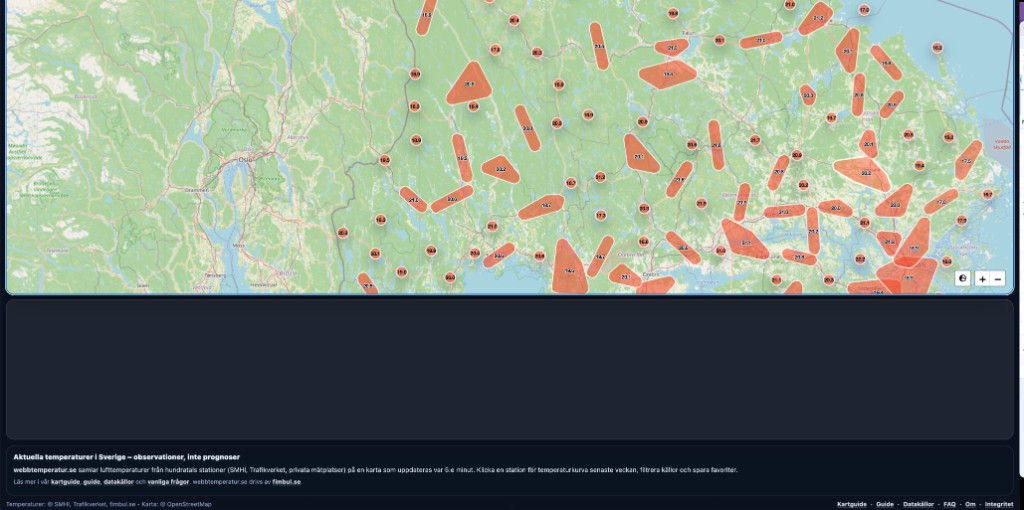 Temperaturkarta över södra Sverige med färgade områden och rundade temperaturmarkörer, samt informationspanel under kartan.