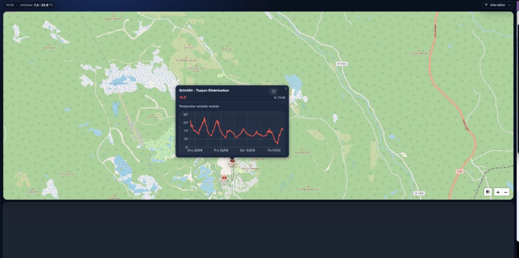Inzoomad karta med popup för stationen Grönklitt som visar 16,2 grader och temperaturkurva senaste veckan.